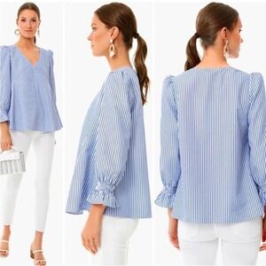 Tuckernuck Easton Smocked Ruffle Top Blue White Striped Puff XS Preppy Coastal